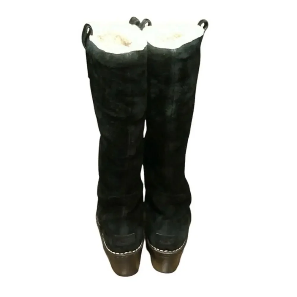 UGG Hartley Knee High Boots Black Suede & Sheep Skin Wedge S/N 3342 Size 7 M